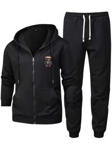 2 件春秋季男士休闲拉链夹克和裤子套装，时尚印花图案 - 黑色 - 查看 2