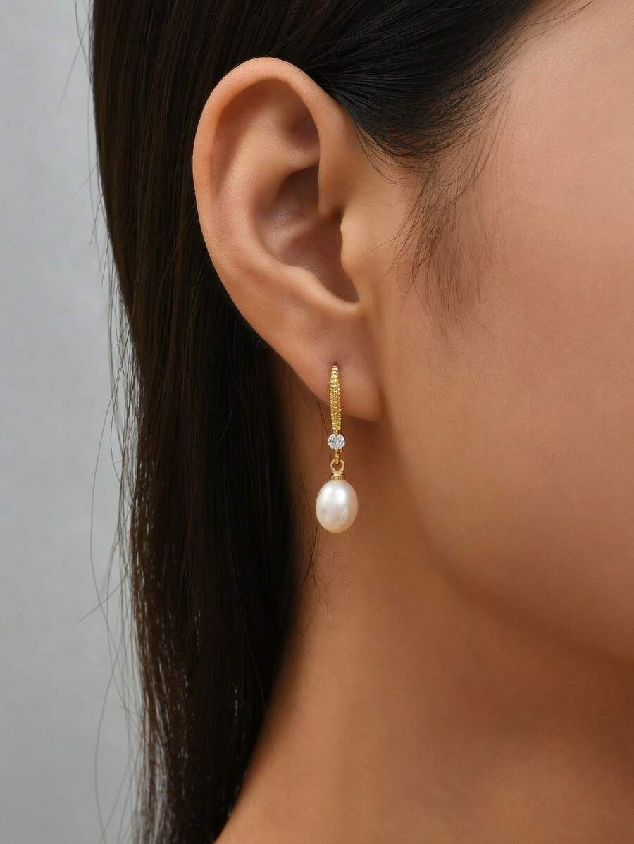 Thả hoa tai Trang trí ngọc trai tự nhiên - Vàng - Xem 1