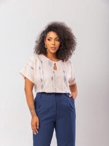 Gigi Estilo Conjunto Feminino Plus Size Alfaiataria Calça E Blusa Social| PRONTA ENTREGA - Bege/Marinho - Visão 4