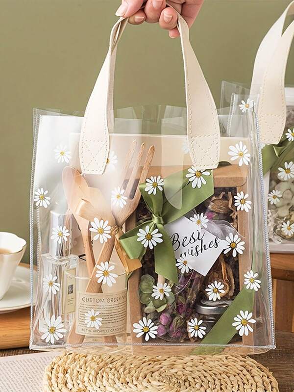 Mini Daisy Print PVC Transparent Tote Bag Holiday Gift Bags Wedding Gifts Wedding Candy Bag Mother's Day Gifts Travel Shopping White Tote Gift Bags Holiday Supplies Party Supplies, Stadium Approved 12*12*18 Clear Transparent Purse Bag For Concerts Sports Events Festivals, Perfect For Beach Vacation, And Vacation Essentials