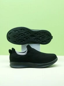 Giày thể thao nữ cổ điển màu đen và xám dệt kim, giày lười giữ ấm chân - màu đen - Xem 5