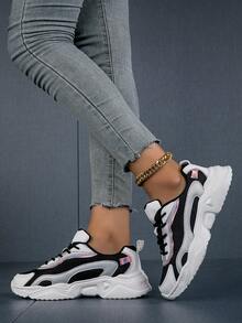 Giày thể thao/đi bộ đường dài/làm việc cổ thấp, đế mềm, đa năng, màu tương phản, thường ngày cho nữ, lưới đen trắng - Đen và trắng - Xem 3