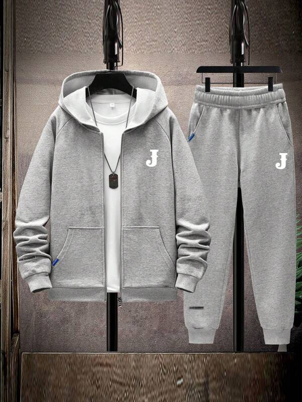 2 pièces Ensemble jeune garçon décontracté - sweat-shirt à capuche imprimé lettre J de couleur unie et pantalon de survêtement à cordon de couleur unie, tenue pour le printemps et l'automne