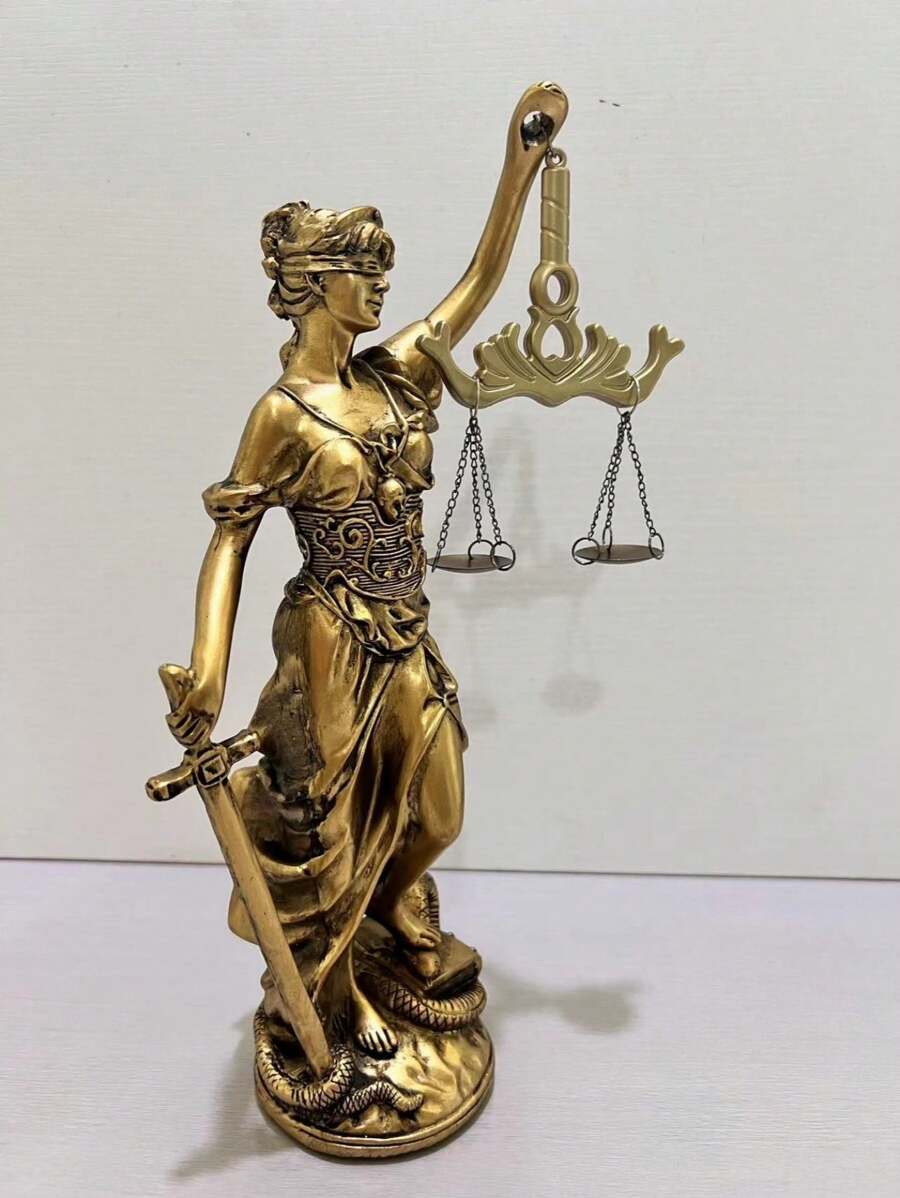1 pieza Estatua de la Diosa de la Justicia para decoración del hogar, decoración de estantería de oficina, simboliza la ley y la justicia con la mejor balanza de equilibrio - Bronce - Ver 1