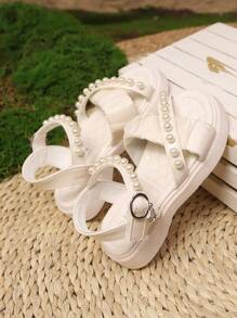 1 Paar Mädchen Perlen Spitze dekorierte Sandalen mit Metallschnalle Anhänger, Haken- und Schlaufenverschluss, niedlicher Prinzessinnen Stil, atmungsaktive weiche Flache Sandalen