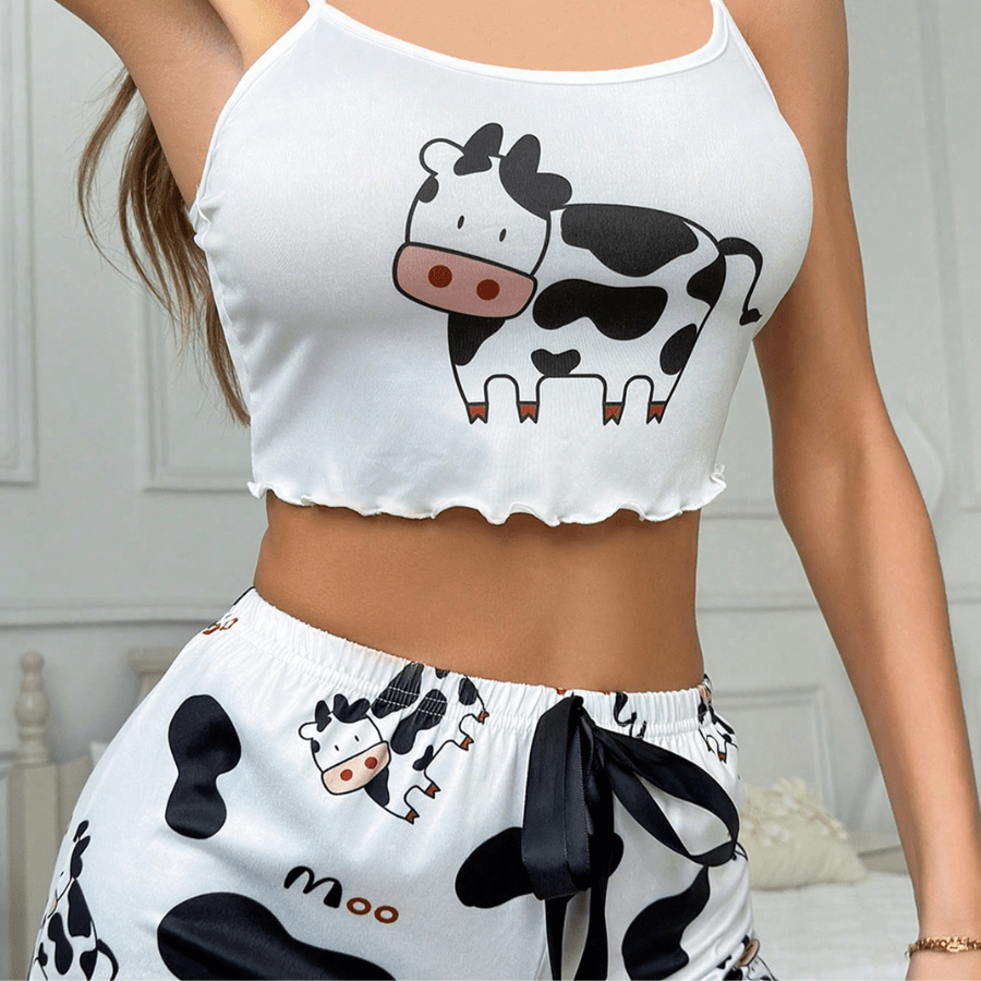Camisole com Estampa de Vaca e Decote Redondo com Alças Bordadas em Renda para Mulheres, Top de Camisola