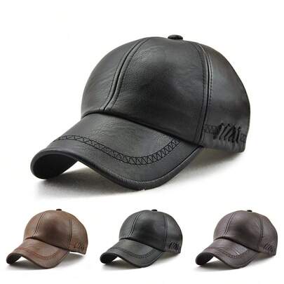 1顶男士PU皮革纯色棒球帽，可调节休闲帽，适合秋冬季户外活动、旅行、海滩、派对等场合。