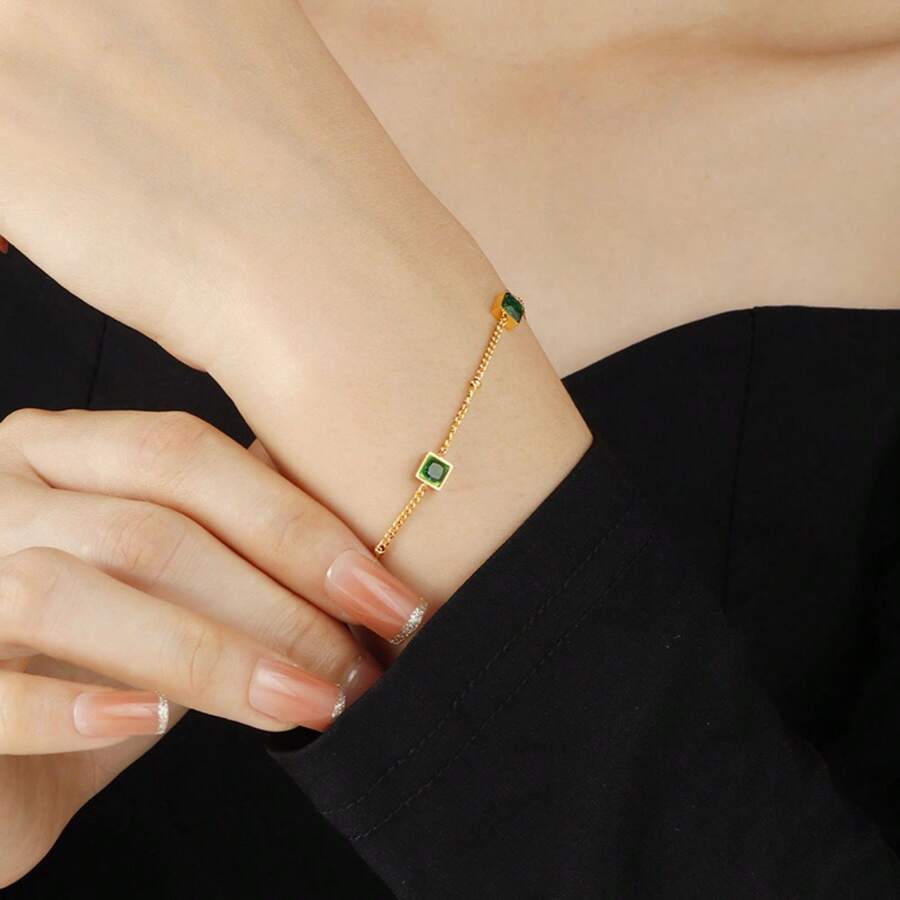 Bracelet French Square Thin Versatile Color Zirconia Green Zirconium Titanium Steel Necklace Women's Fashion Commuter Plated - Vàng - Xem 1