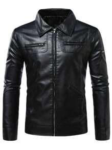 Men's PU Leather Jacket Motorcycle Style European And American Leather Zip-Up Coat