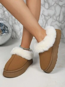 Thick Fluffy Lined Christmas Slip-On Snow Boots, Plush Warm Indoor House Slippers, Outdoor Anti-Slip Boots For Women, Brown