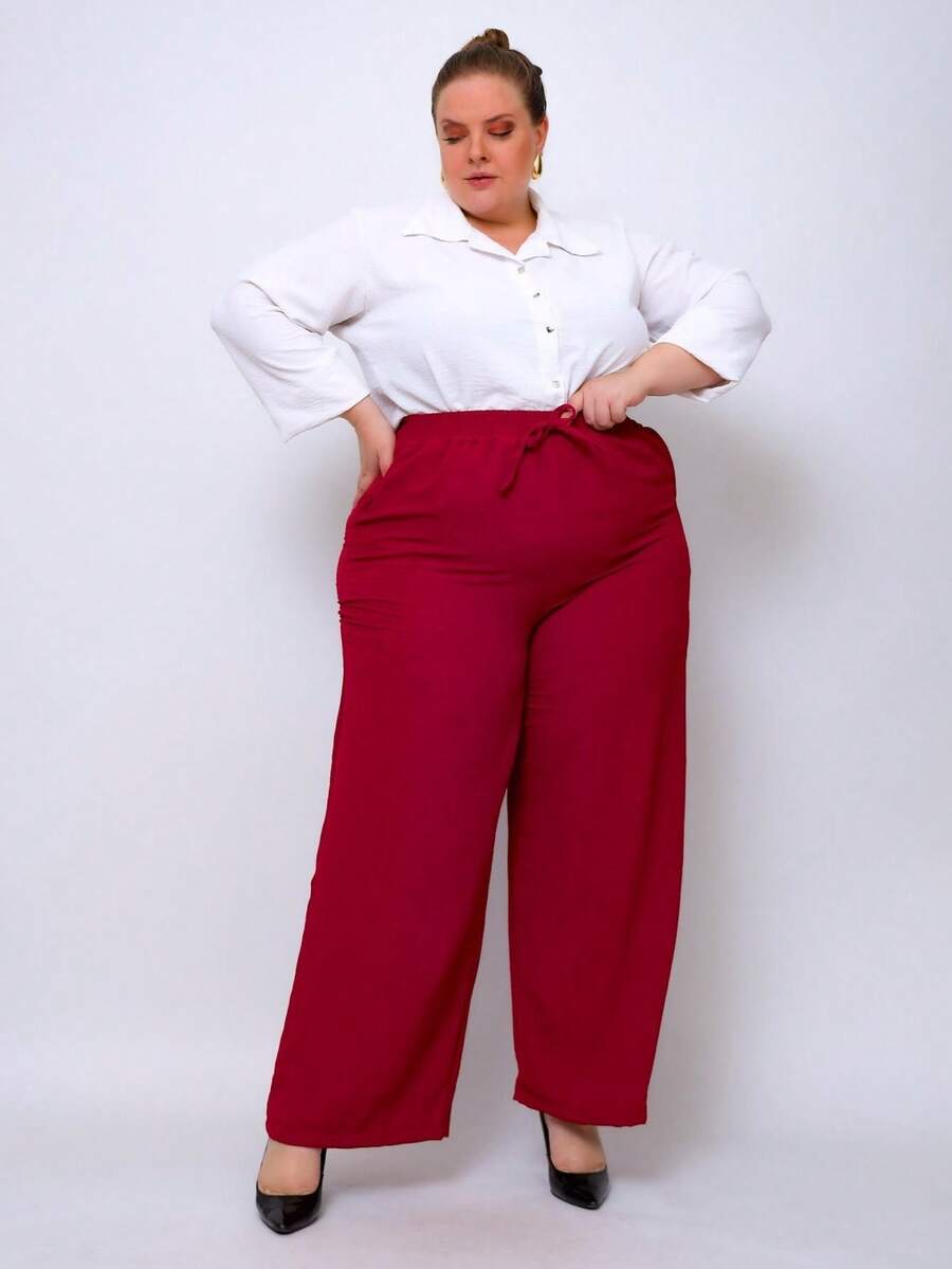 Duna Women's Plus Size High Waist Wide Leg Pants - 紅木色 - 查看 1
