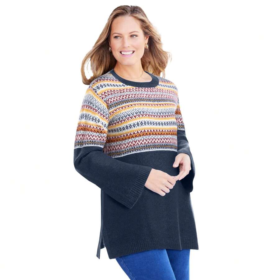 Catherines Women's Plus Size Fair Isle Pullover Sweater - NAVY - View 1