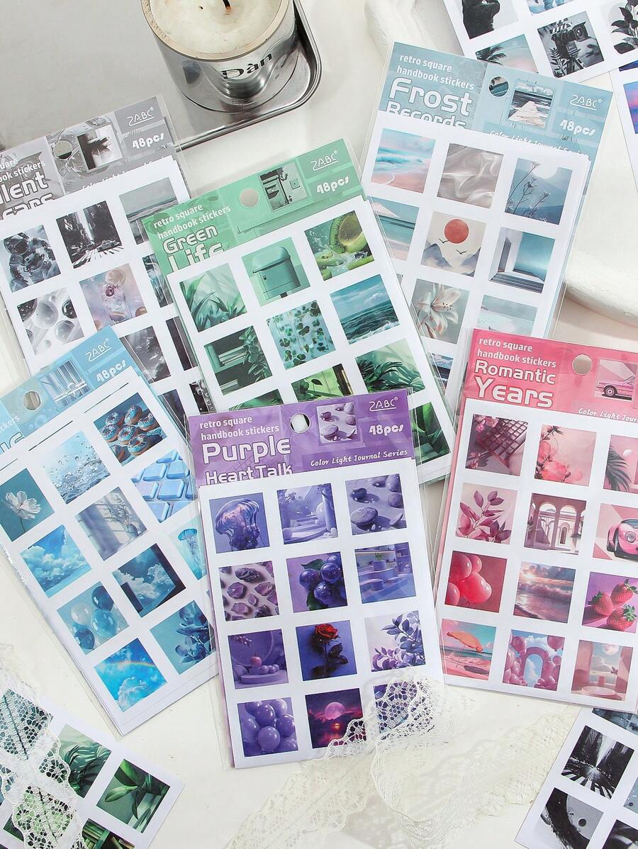 288张，和纸贴纸，风景，生活，植物，花卉，动物，各种美学图案，方形自粘贴纸，浅色生活书系列Ins风格适合DIY手工相册，艺术杂志，垃圾日记，剪贴簿装饰材料贴纸 - 彩色 - 查看 1