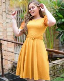 Vestido Roupas Evangélicas Femininas Com Cinto Midi Rodado Barato Promoção - Amarelo mostarda - Visão 3