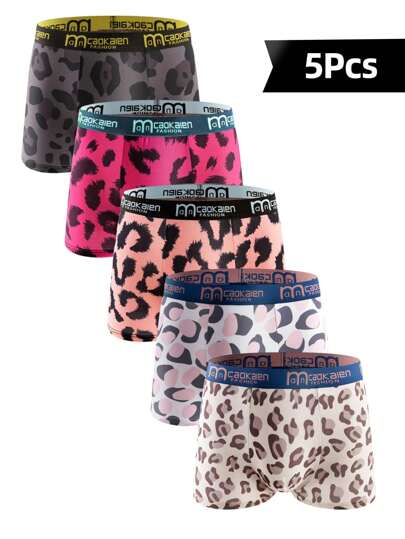 5قطع/عبوة سروال داخلي رجالي بطبعة فهد بدون تفاصيل، ألوان متنوعة، شورت صيفي كهدية