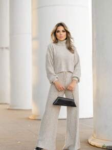 Women's Knitted Set With Cacharrel Blouse & Trousers - Beige - View 1