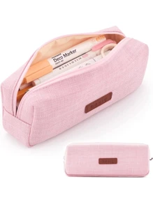 1个大容量单层铅笔盒，方形亚麻铅笔袋，适合中学生，简约文具包（多种颜色可选）返校季，返校用品，铅笔袋，书包 - 黑色 - 查看 10