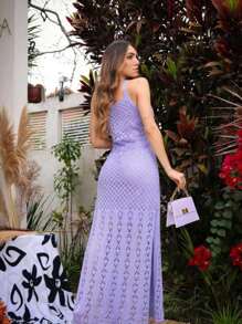 Women's Long Strap Dress With Lining And Side Slits Knit Mesh Luxury Fashion - Lilac Purple - View 2