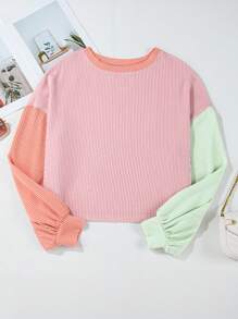 CILKOO 女士休闲撞色条纹落肩长袖T恤，秋季款 - 粉色 - 查看 3