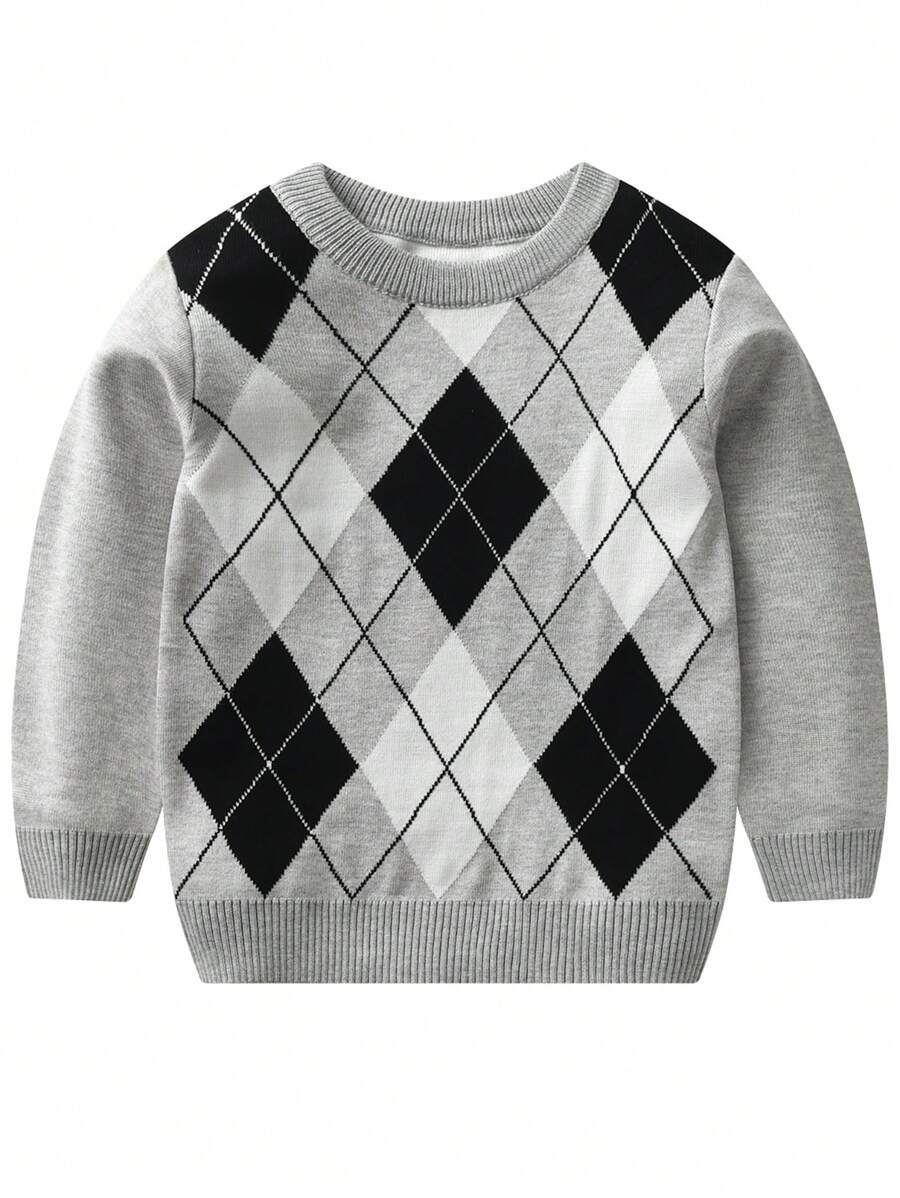 Jersey de cuello redondo de punto con patrón de cuadros de color block para niño pequeño, otoño e invierno - Gris Claro - Ver 1