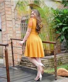 Vestido Roupas Evangélicas Femininas Com Cinto Midi Rodado Barato Promoção - Amarelo mostarda - Visão 2