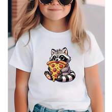CASUAL T-SHIRT WITH RACCOON EATING PIZZA DESIGN IN WHITE, ROUND NECK, SHORT SLEEVE