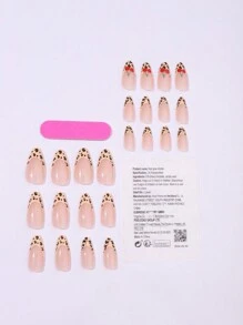 24 piezas de uñas postizas de almendra de longitud media, con estampado de leopardo en el borde francés y decoración con estampado de cereza, que aportan un toque de moda invernal. Es un regalo cálido y cotidiano para niñas y mujeres, junto con suministros para uñas - Multicolor - Ver 3