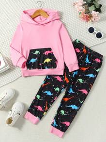 2pcs Girls Dinosaur Print Long Sleeve Hooded Top And Pants Set - Pink - View 1