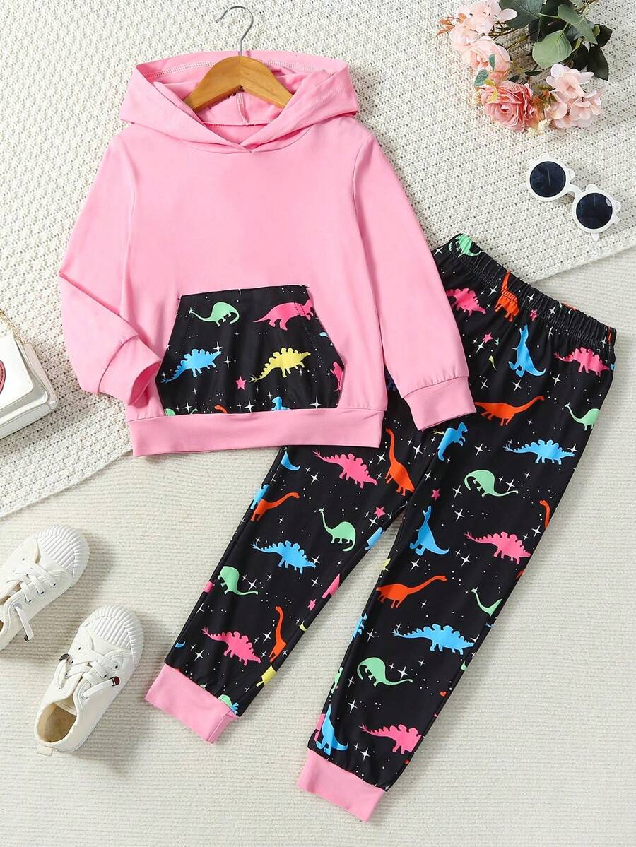 2pcs Girls Dinosaur Print Long Sleeve Hooded Top And Pants Set - Pink - View 1