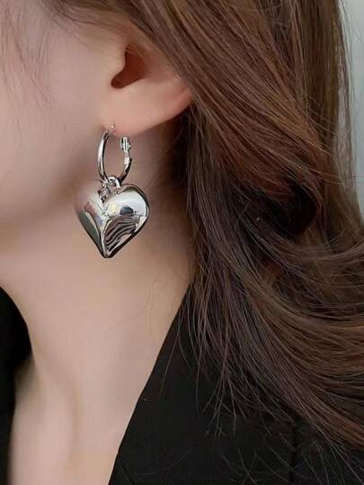 1 Cặp Hoa tai vòng kim loại hình trái tim cỡ lớn, Hoa tai thời trang Châu Âu & Mỹ cổ điển dành cho phụ nữ ngày lễ tình nhân