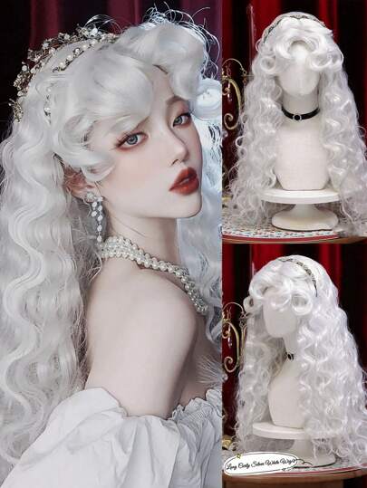 Long Curly Wave Wig With Bangs White Colorful Cosplay Silky Wig For Women Daily Party Natural Soft Synthetic Hair Heat Resistant Long Curly Silver Synthetic Wig With Fluffy Bangs White Water Wave Hair Wigs For Women Daily Use Cosplay Colored Hair Wig