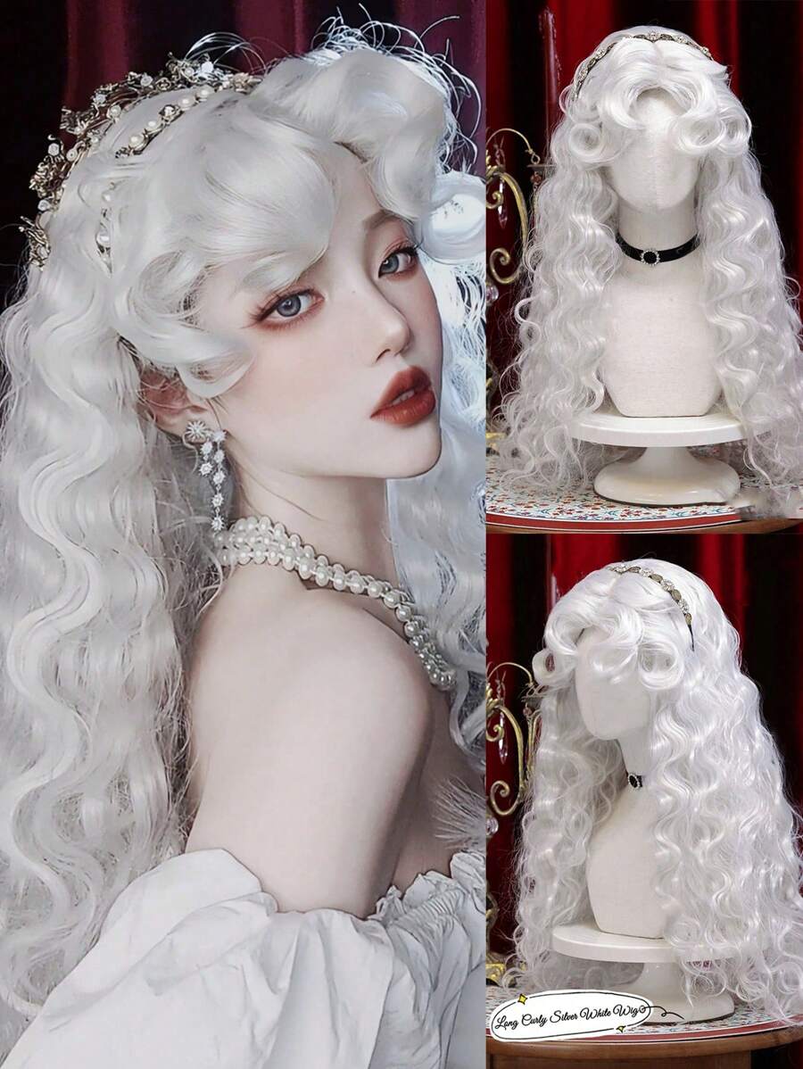 长卷波浪假发带刘海白色彩色角色扮演丝质假发，适合女性日常派对自然柔软合成头发耐热长卷银色合成假发带蓬松刘海白色水波发假发适合女性日常使用角色扮演彩色头发假发