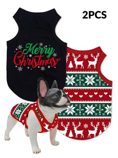 2件套圣诞费尔岛印花防跳蚤、防脱毛、保暖透气背心，适合猫狗，室内外均可使用