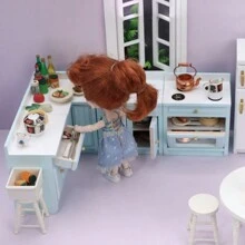 1/12 Scale Wooden Dollhouse Miniature Kitchen Furniture Set - Includes Cabinet, Refrigerator, Stove, Sink And Counter, Suitable For Decorative Dollhouse, Pink Color