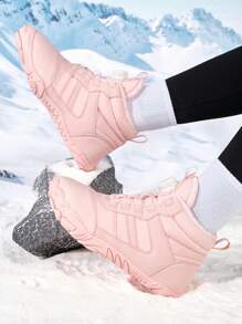 Women's Fashionable Outdoor Sports Boots, Stylish Patchwork Rotary Buckle Design, Warm & Comfortable Thick Plush Snow Boots, Suitable For Outdoor Daily Hiking, Anti-Slip & Waterproof Snow Boots, Parent-Child Style (Rotary Buckle Color May Vary Due To Photography Angle And Lighting)