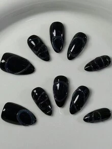 10 件/套手工杏仁形指甲贴纸，带黑线设计，可拆卸时尚假指甲 - 黑色 - 查看 3