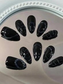 10 件/套手工杏仁形指甲贴纸，带黑线设计，可拆卸时尚假指甲 - 黑色 - 查看 5