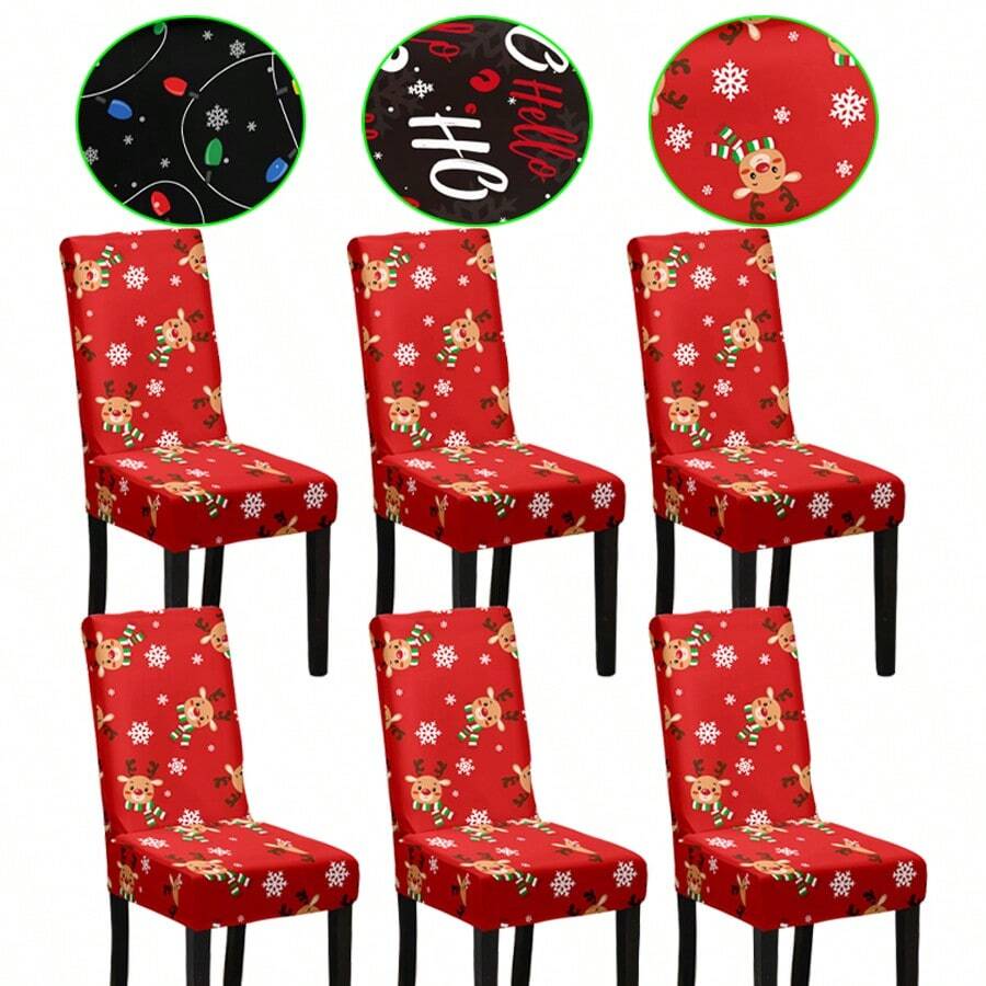 1/2/4/6 件圣诞印花弹力椅套，可机洗保护套，适用于餐厅、圣诞装饰、节日派对
