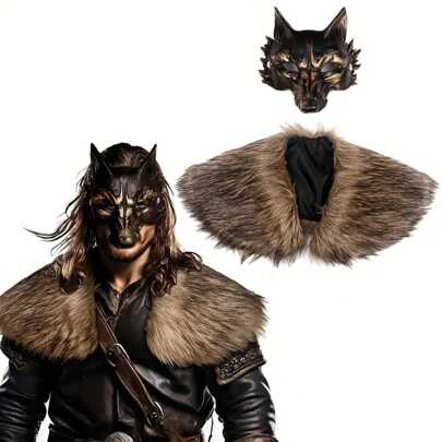 2 件套中世纪维京战士骑士斗篷和狼 PU 泡沫面具适用于万圣节角色扮演派对舞会