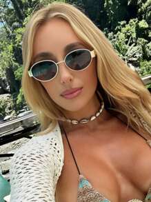 1 pieza Gafas de sol de moda con marco ovalado y estilo retro pequeño y redondo, accesorio decorativo para viajes - Dorado - Ver 2