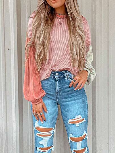 CILKOO 女士休闲撞色条纹落肩长袖T恤，秋季款