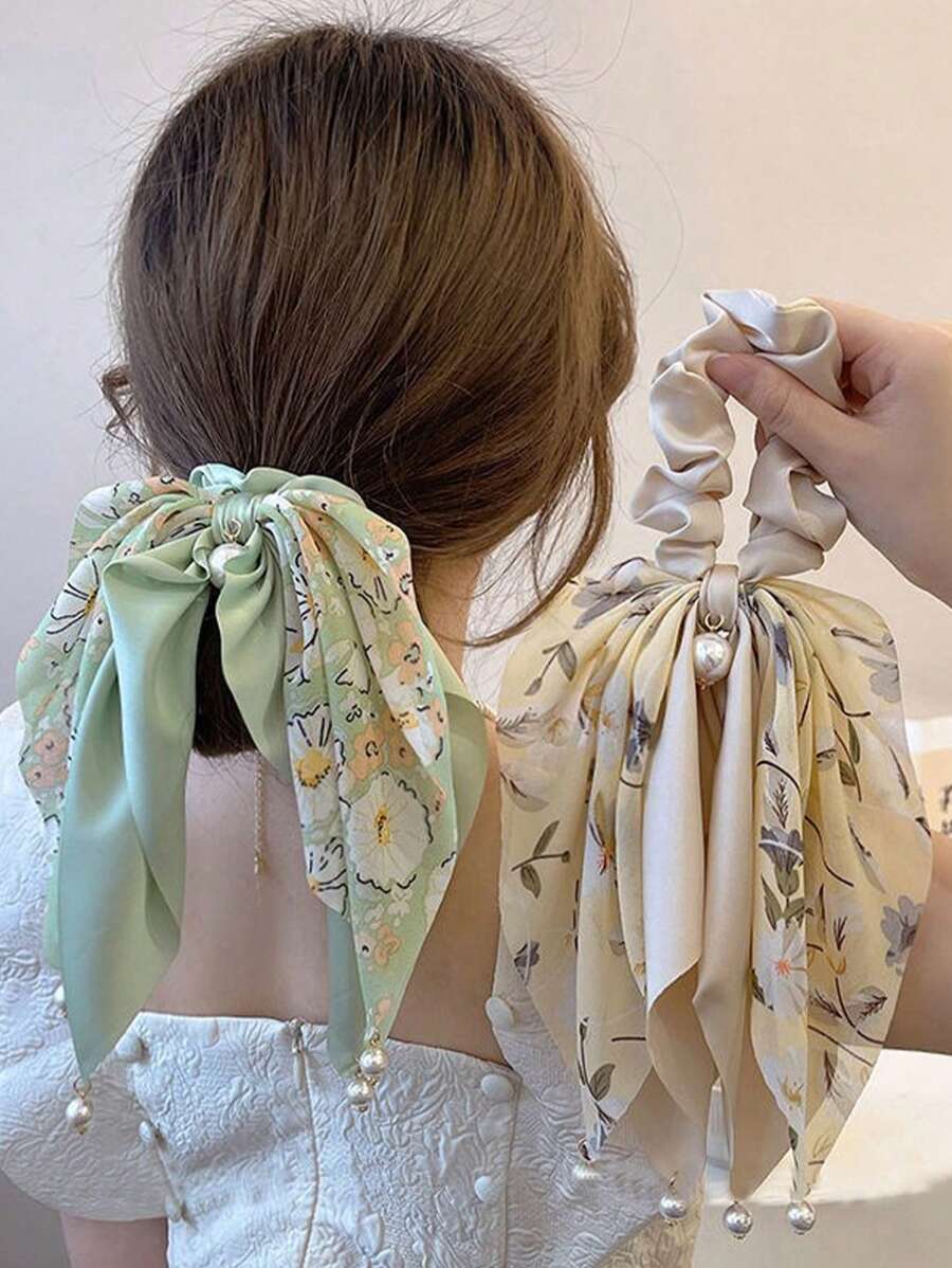 1个/2个女士优雅甜美印花缎带人造珍珠流苏发圈,弹性发绳发饰发圈马尾辫发圈橡皮筋发圈发绳发饰美发家居发饰,夏季、假日、旅行、节日、生日 - 彩色 - 查看 1