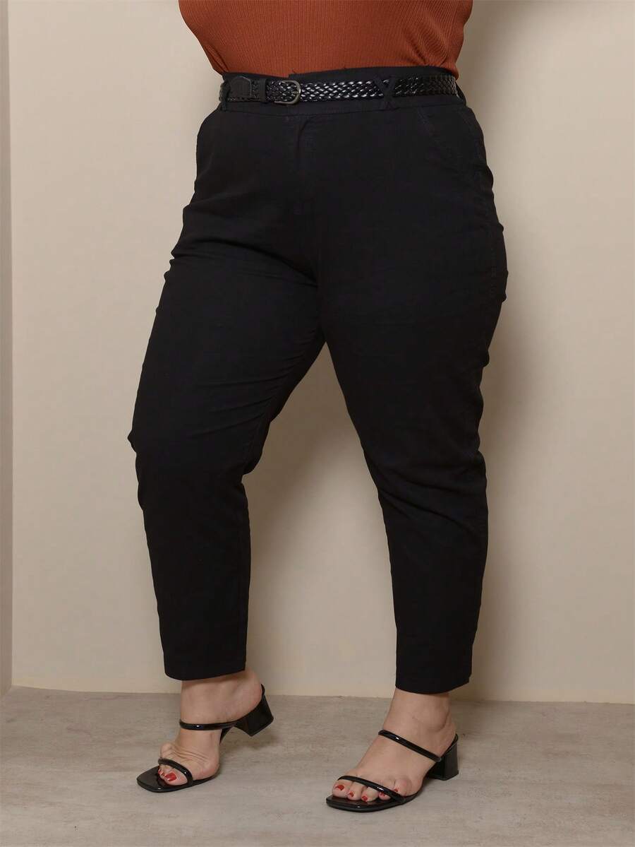 Plus Size Linen And Elastane Pants With Belt FL-Sd1227 - màu đen - Xem 1