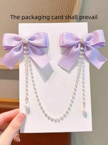 1pc Girls Fashion Sweet Pearl Bow Tassel Hair Clip - Mauve Purple - View 4