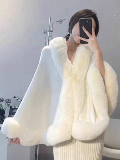 1pc Women Plus Size Faux Rabbit Fur Collar White Cloak Cardigan, Loose Romantic Warm Poncho Shawl Jacket, Suitable For Halloween, Christmas Warm Plush Shawl Fall Clothes For Women