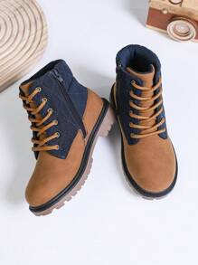 男女通用厚底减震侧拉链多功能保暖系带儿童户外休闲运动徒步越野靴，防滑防水舒适复古英伦风靴子，儿童学院风正装鞋，适合所有季节 - 卡其色 - 查看 1