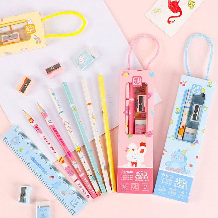 5 Pieces Pencil Gift Set, Creative Stationery Supplies For Back To School, Graduation, Birthday Gift, Includes: 2 Pencils, 1 Ruler, 1 Eraser, 1 Pencil Sharpener Back To School