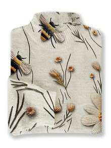 Round Neck Long Sleeve All-Over Embroidered Sweater, Casual Daily Wear - Apricot - View 2