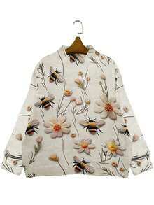Round Neck Long Sleeve All-Over Embroidered Sweater, Casual Daily Wear - Apricot - View 3