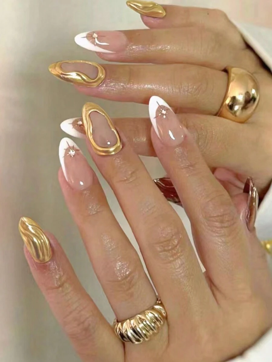 10 件手工杏仁形金线镜面 3D 花卉可拆卸假指甲，时尚优雅设计按压式指甲美甲用品指甲